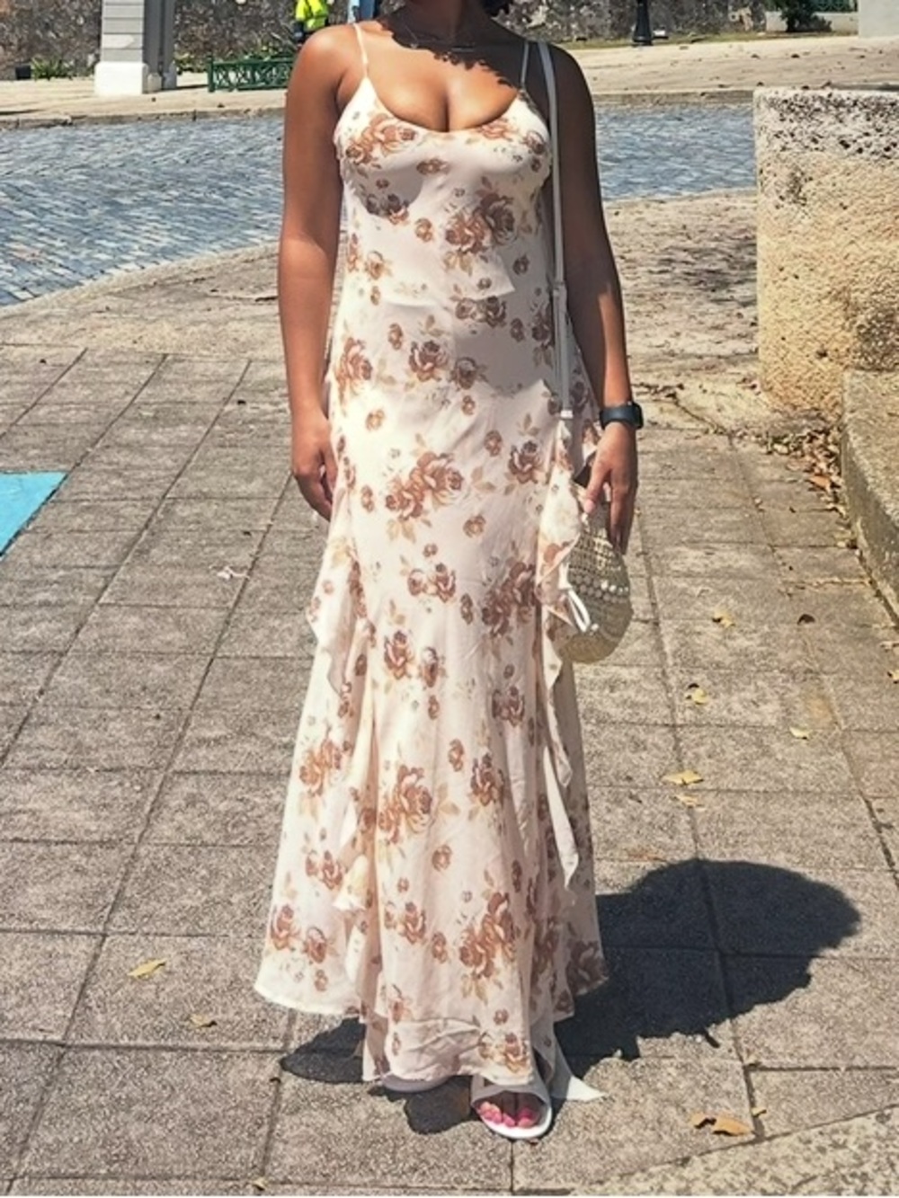 Forever 21 Cream and Brown Floral Maxi Slip Dress